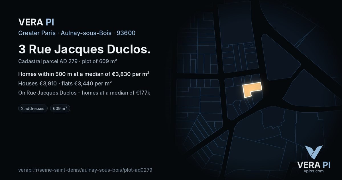 3 Rue Jacques Duclos, Aulnay-sous-Bois at night – the plot lit, the parcels around coloured by the prices near them