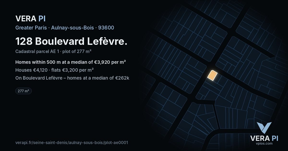 128 Boulevard Lefèvre, Aulnay-sous-Bois at night – the plot lit, the parcels around coloured by the prices near them