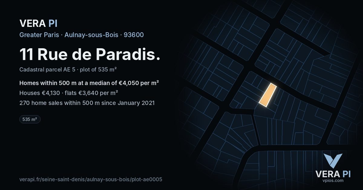 11 Rue de Paradis, Aulnay-sous-Bois at night – the plot lit, the parcels around coloured by the prices near them