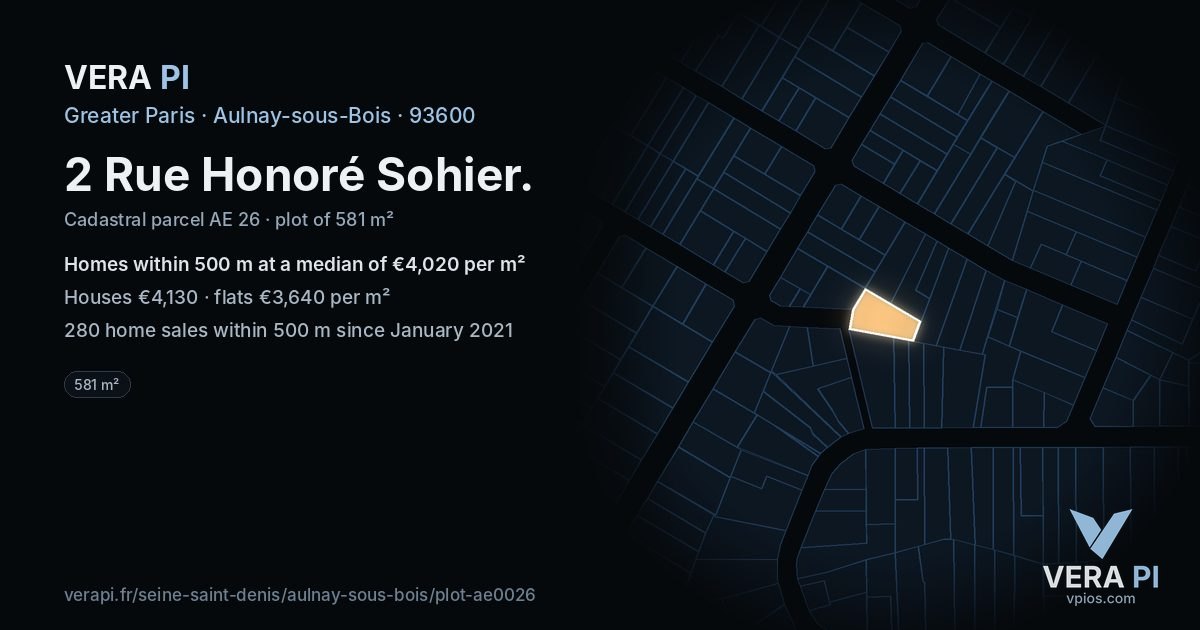 2 Rue Honoré Sohier, Aulnay-sous-Bois at night – the plot lit, the parcels around coloured by the prices near them