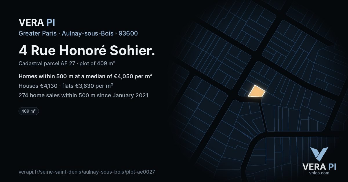 4 Rue Honoré Sohier, Aulnay-sous-Bois at night – the plot lit, the parcels around coloured by the prices near them