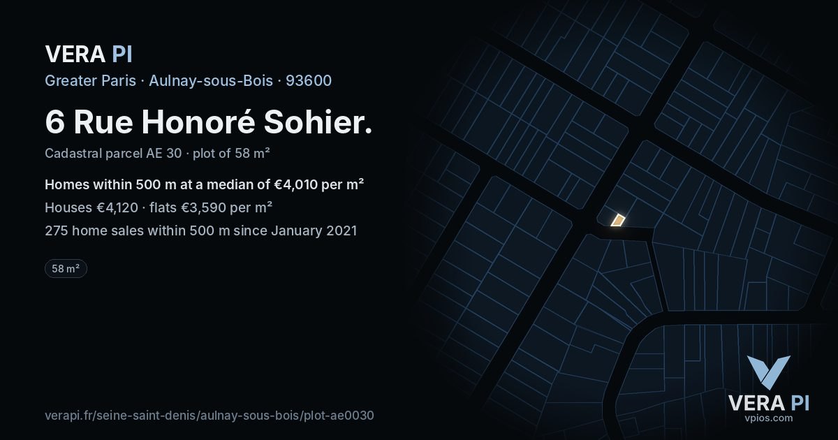 6 Rue Honoré Sohier, Aulnay-sous-Bois at night – the plot lit, the parcels around coloured by the prices near them