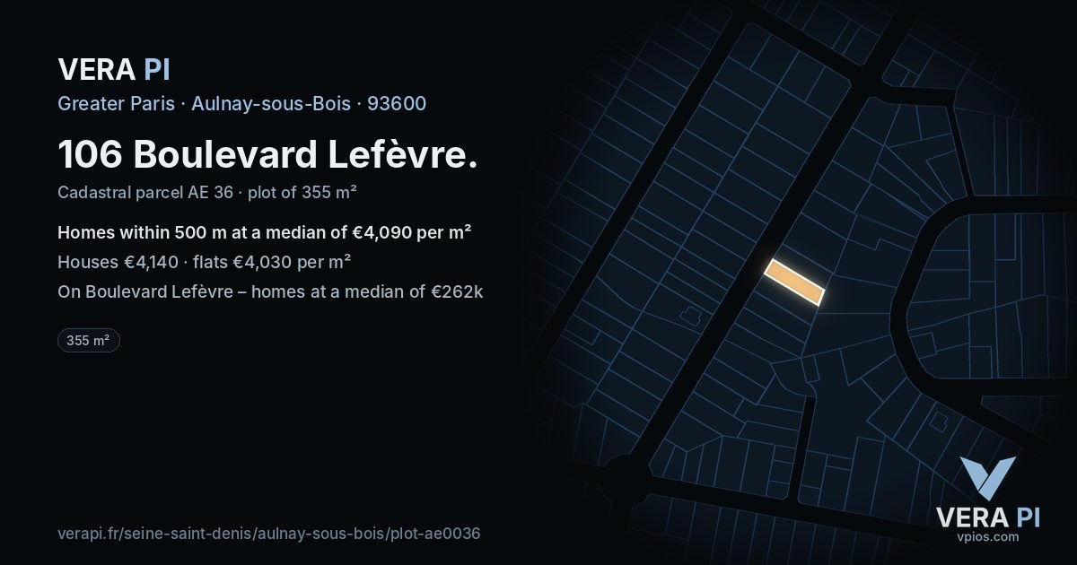 106 Boulevard Lefèvre, Aulnay-sous-Bois at night – the plot lit, the parcels around coloured by the prices near them