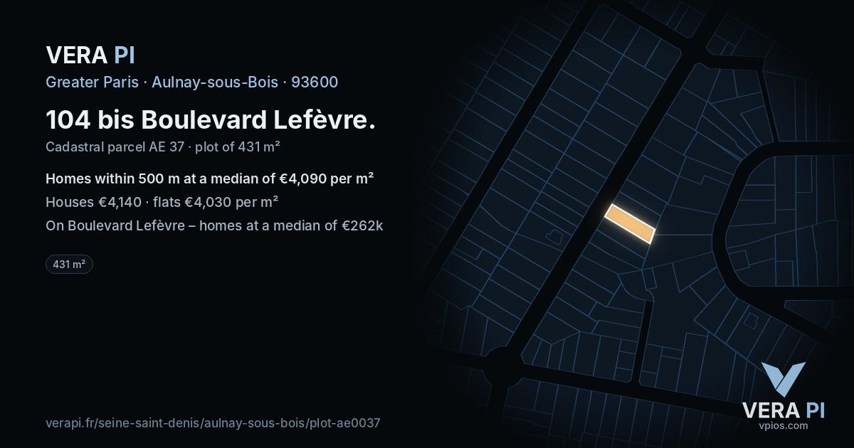 104 bis Boulevard Lefèvre, Aulnay-sous-Bois at night – the plot lit, the parcels around coloured by the prices near them