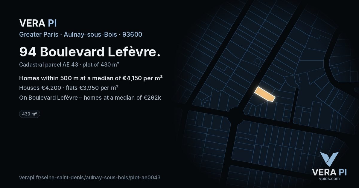 94 Boulevard Lefèvre, Aulnay-sous-Bois at night – the plot lit, the parcels around coloured by the prices near them