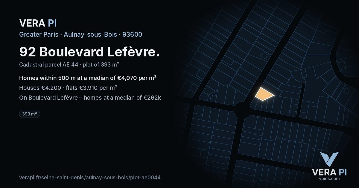 92 Boulevard Lefèvre, Aulnay-sous-Bois at night – the plot lit, the parcels around coloured by the prices near them