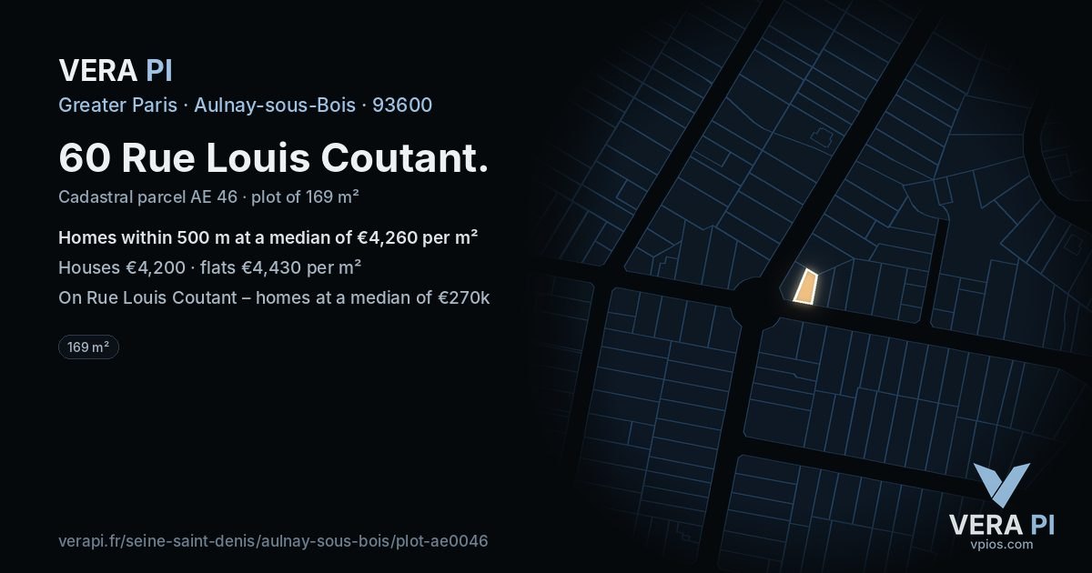 60 Rue Louis Coutant, Aulnay-sous-Bois at night – the plot lit, the parcels around coloured by the prices near them