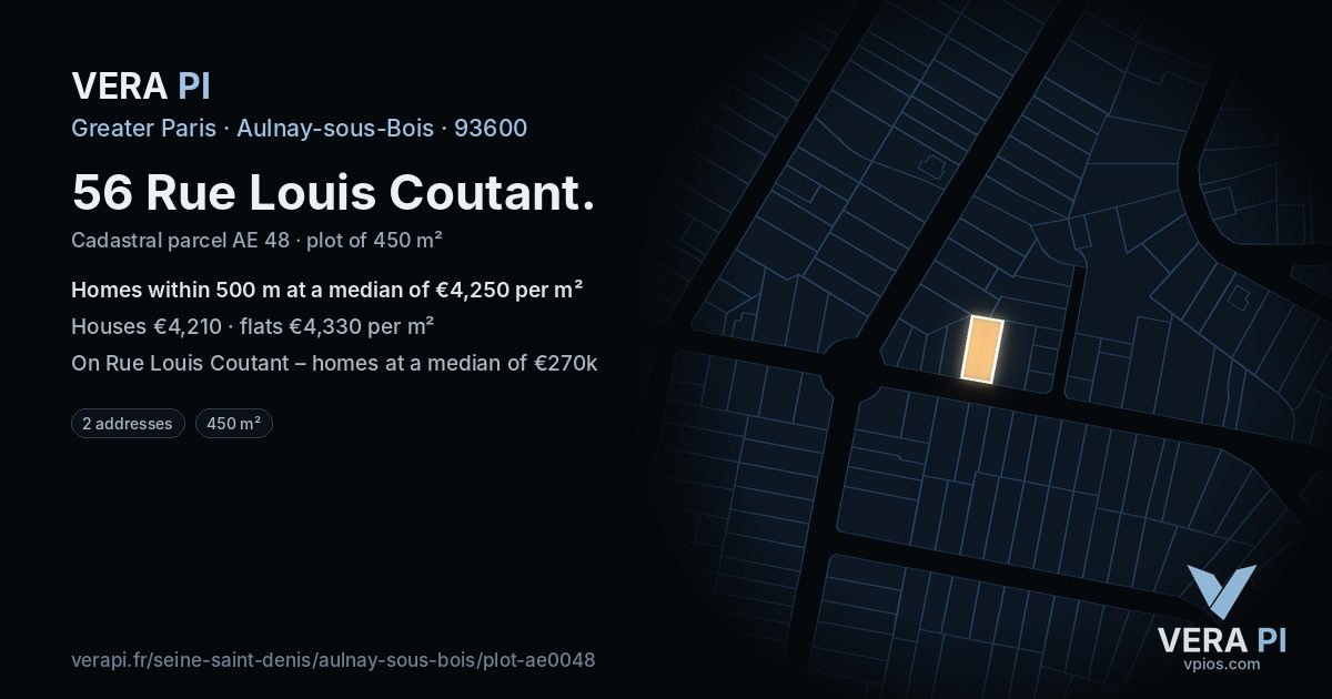 56 Rue Louis Coutant, Aulnay-sous-Bois at night – the plot lit, the parcels around coloured by the prices near them