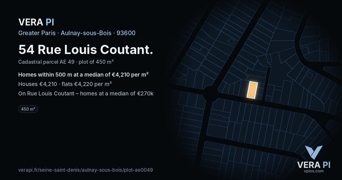 54 Rue Louis Coutant, Aulnay-sous-Bois at night – the plot lit, the parcels around coloured by the prices near them