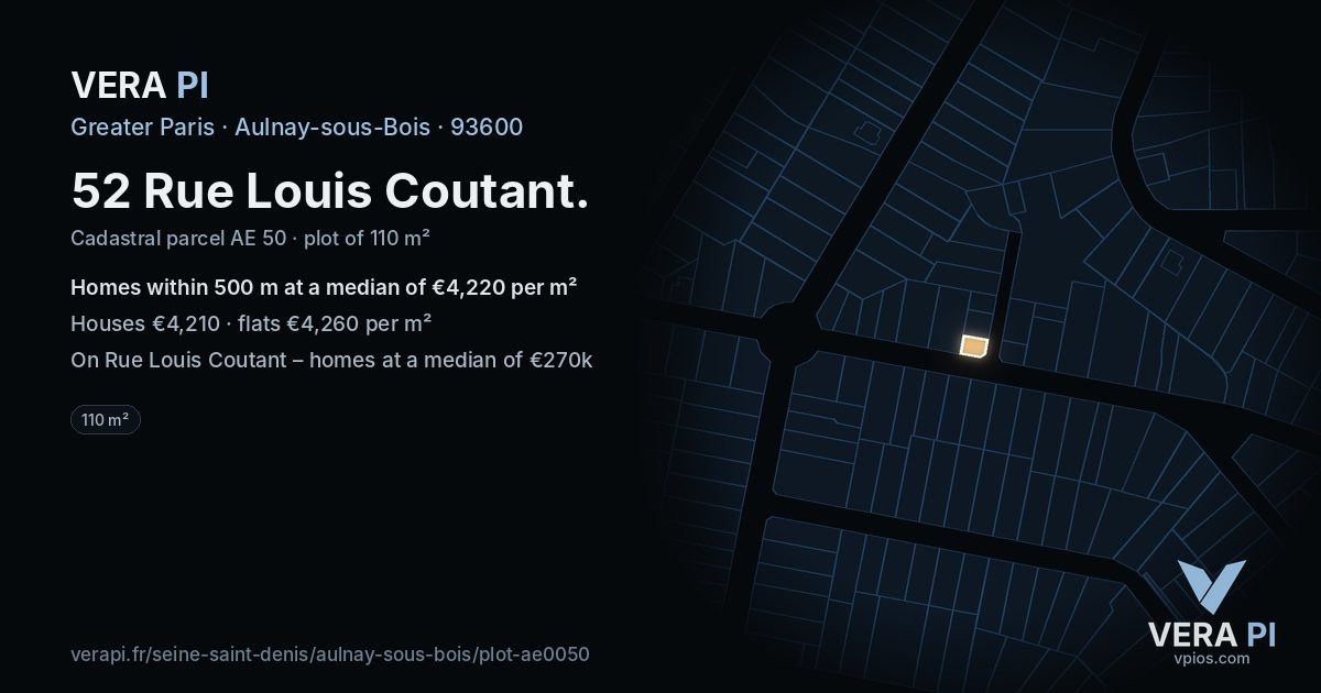 52 Rue Louis Coutant, Aulnay-sous-Bois at night – the plot lit, the parcels around coloured by the prices near them