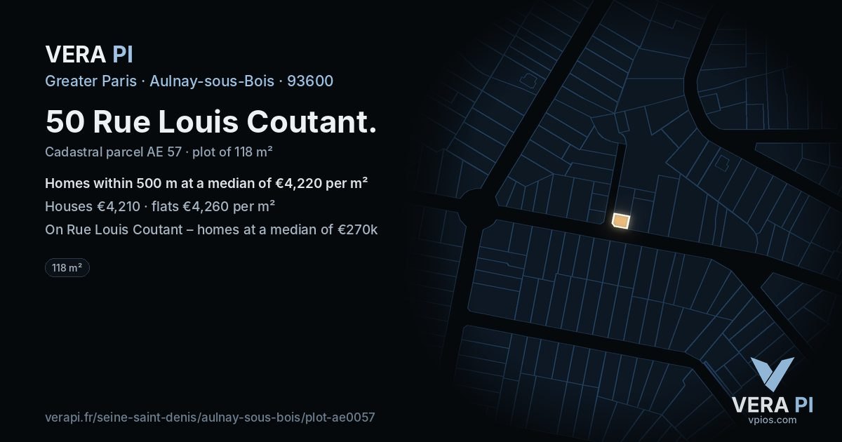 50 Rue Louis Coutant, Aulnay-sous-Bois at night – the plot lit, the parcels around coloured by the prices near them