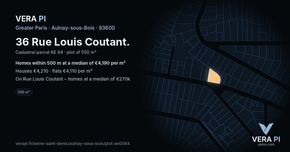 36 Rue Louis Coutant, Aulnay-sous-Bois at night – the plot lit, the parcels around coloured by the prices near them