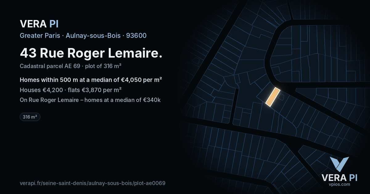 43 Rue Roger Lemaire, Aulnay-sous-Bois at night – the plot lit, the parcels around coloured by the prices near them