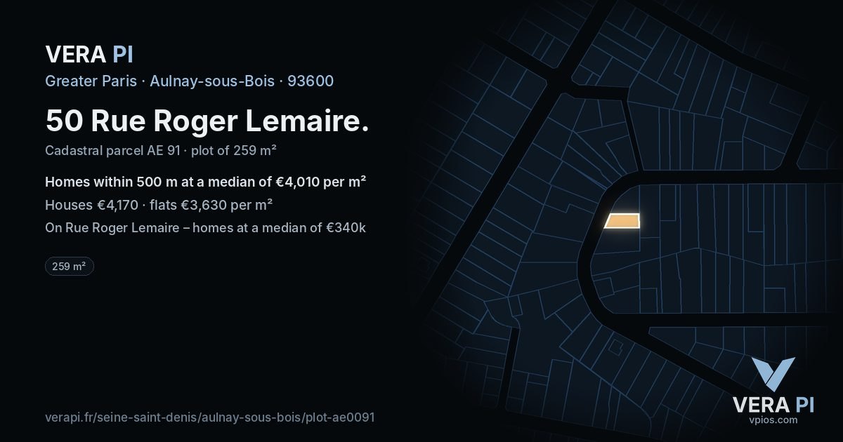 50 Rue Roger Lemaire, Aulnay-sous-Bois at night – the plot lit, the parcels around coloured by the prices near them