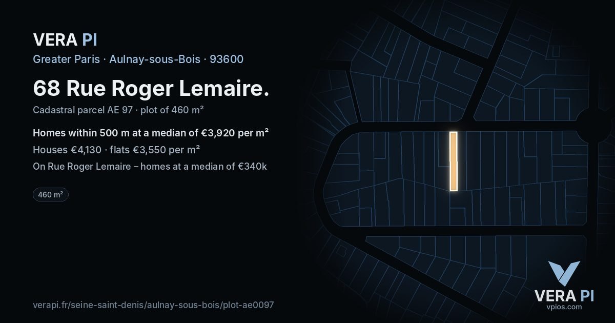 68 Rue Roger Lemaire, Aulnay-sous-Bois at night – the plot lit, the parcels around coloured by the prices near them