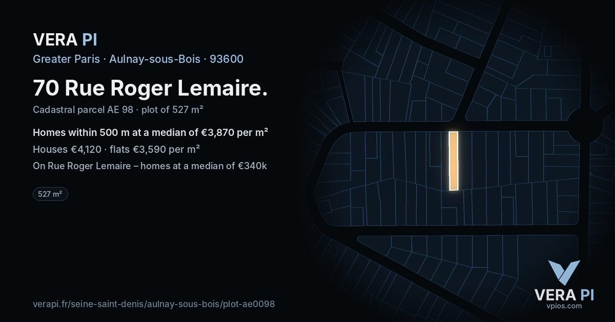 70 Rue Roger Lemaire, Aulnay-sous-Bois at night – the plot lit, the parcels around coloured by the prices near them