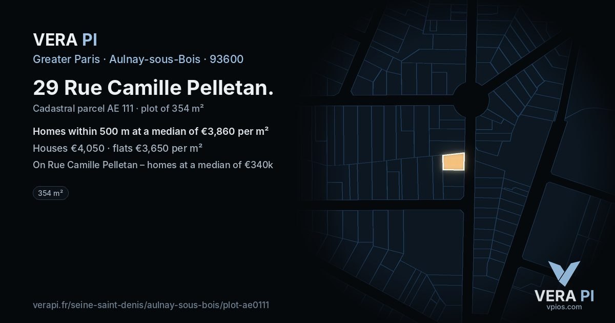 29 Rue Camille Pelletan, Aulnay-sous-Bois at night – the plot lit, the parcels around coloured by the prices near them