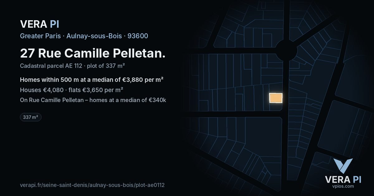 27 Rue Camille Pelletan, Aulnay-sous-Bois at night – the plot lit, the parcels around coloured by the prices near them