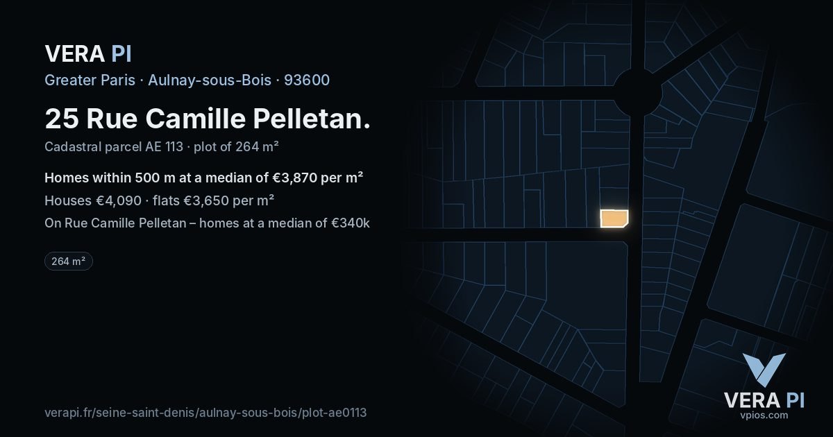25 Rue Camille Pelletan, Aulnay-sous-Bois at night – the plot lit, the parcels around coloured by the prices near them