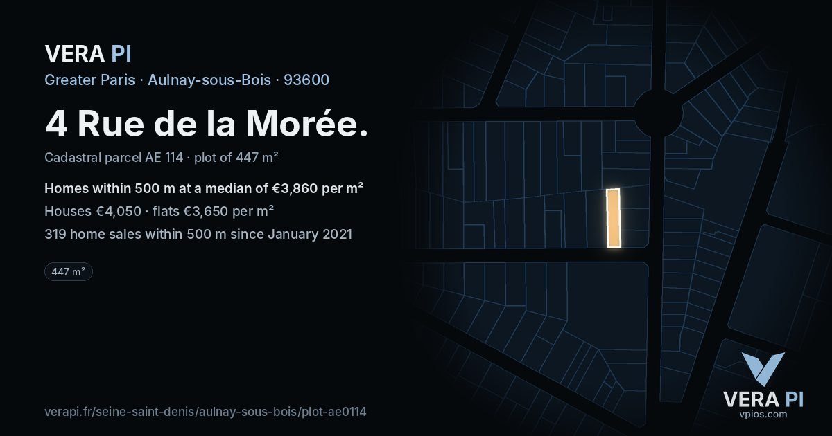 4 Rue de la Morée, Aulnay-sous-Bois at night – the plot lit, the parcels around coloured by the prices near them