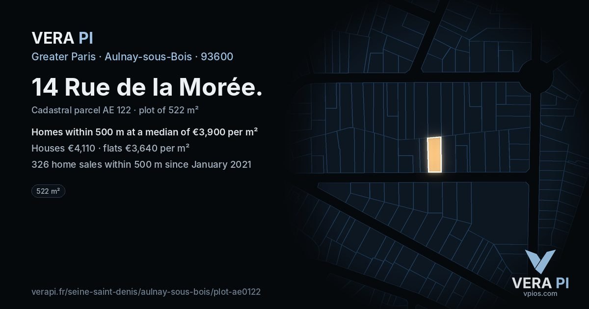 14 Rue de la Morée, Aulnay-sous-Bois at night – the plot lit, the parcels around coloured by the prices near them