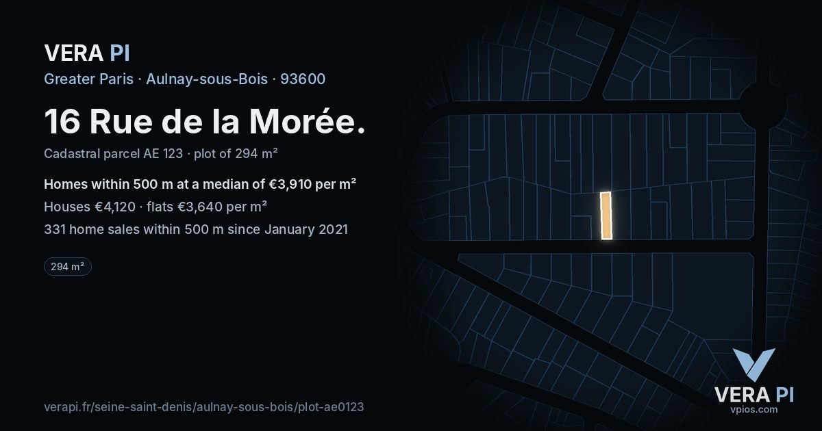 16 Rue de la Morée, Aulnay-sous-Bois at night – the plot lit, the parcels around coloured by the prices near them