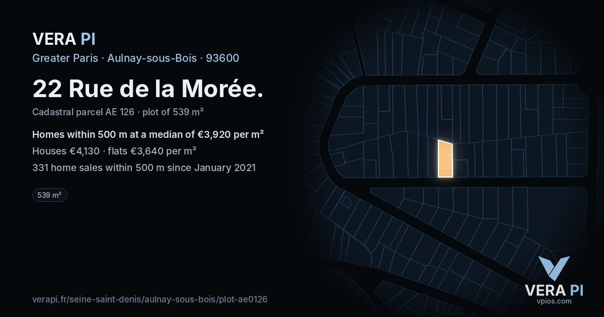 22 Rue de la Morée, Aulnay-sous-Bois at night – the plot lit, the parcels around coloured by the prices near them