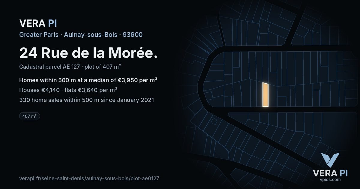 24 Rue de la Morée, Aulnay-sous-Bois at night – the plot lit, the parcels around coloured by the prices near them