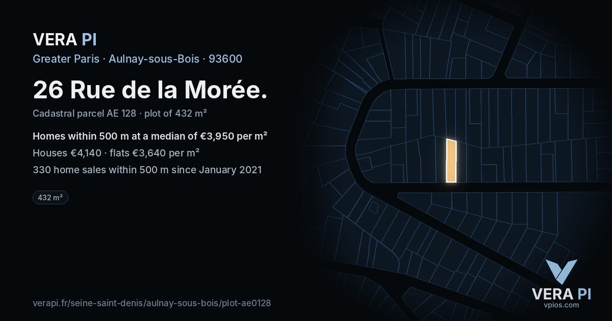 26 Rue de la Morée, Aulnay-sous-Bois at night – the plot lit, the parcels around coloured by the prices near them