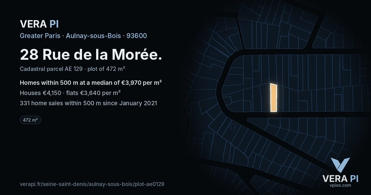 28 Rue de la Morée, Aulnay-sous-Bois at night – the plot lit, the parcels around coloured by the prices near them