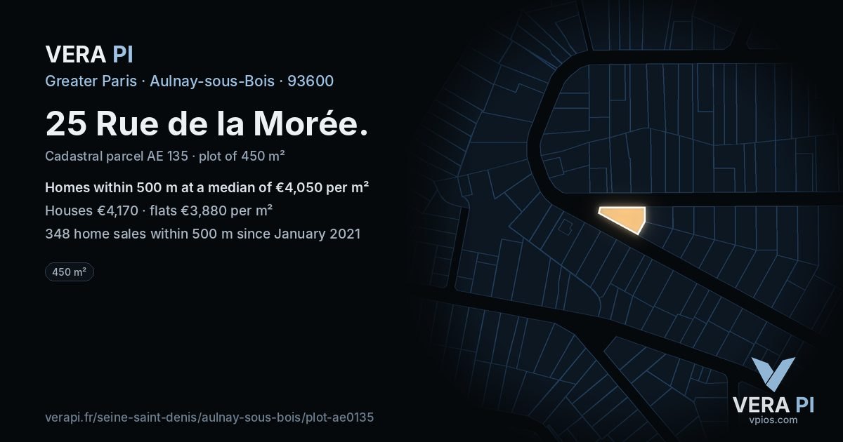 25 Rue de la Morée, Aulnay-sous-Bois at night – the plot lit, the parcels around coloured by the prices near them
