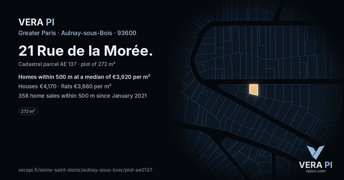 21 Rue de la Morée, Aulnay-sous-Bois at night – the plot lit, the parcels around coloured by the prices near them