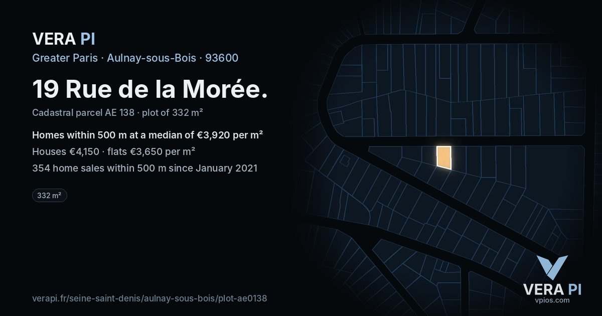 19 Rue de la Morée, Aulnay-sous-Bois at night – the plot lit, the parcels around coloured by the prices near them
