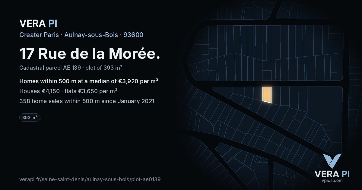 17 Rue de la Morée, Aulnay-sous-Bois at night – the plot lit, the parcels around coloured by the prices near them