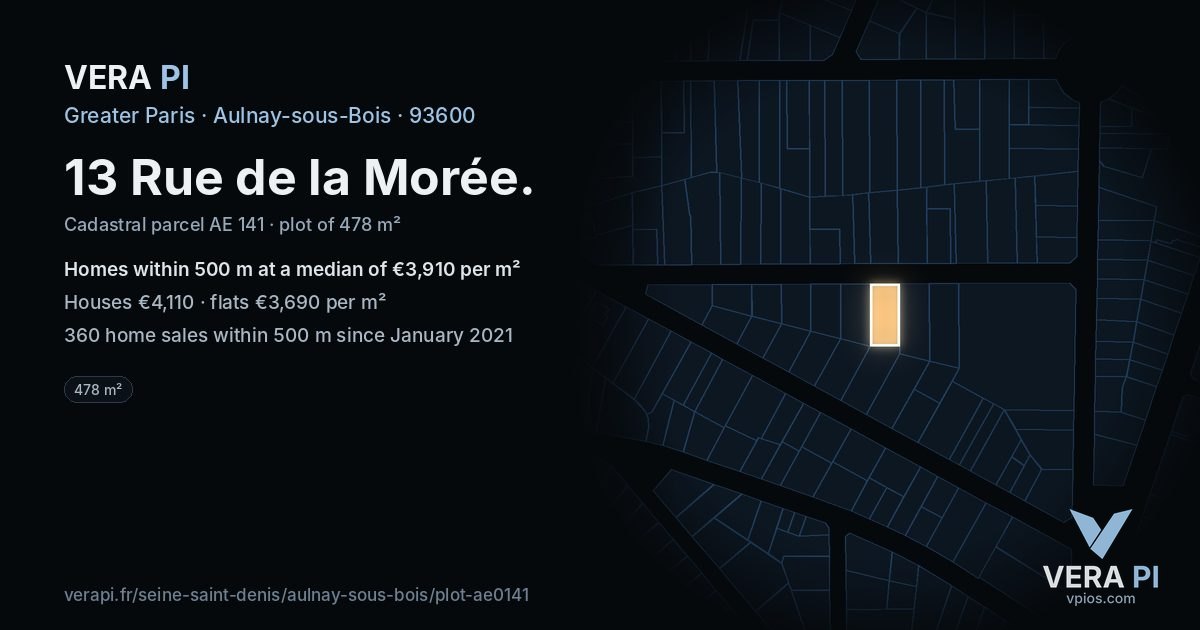 13 Rue de la Morée, Aulnay-sous-Bois at night – the plot lit, the parcels around coloured by the prices near them