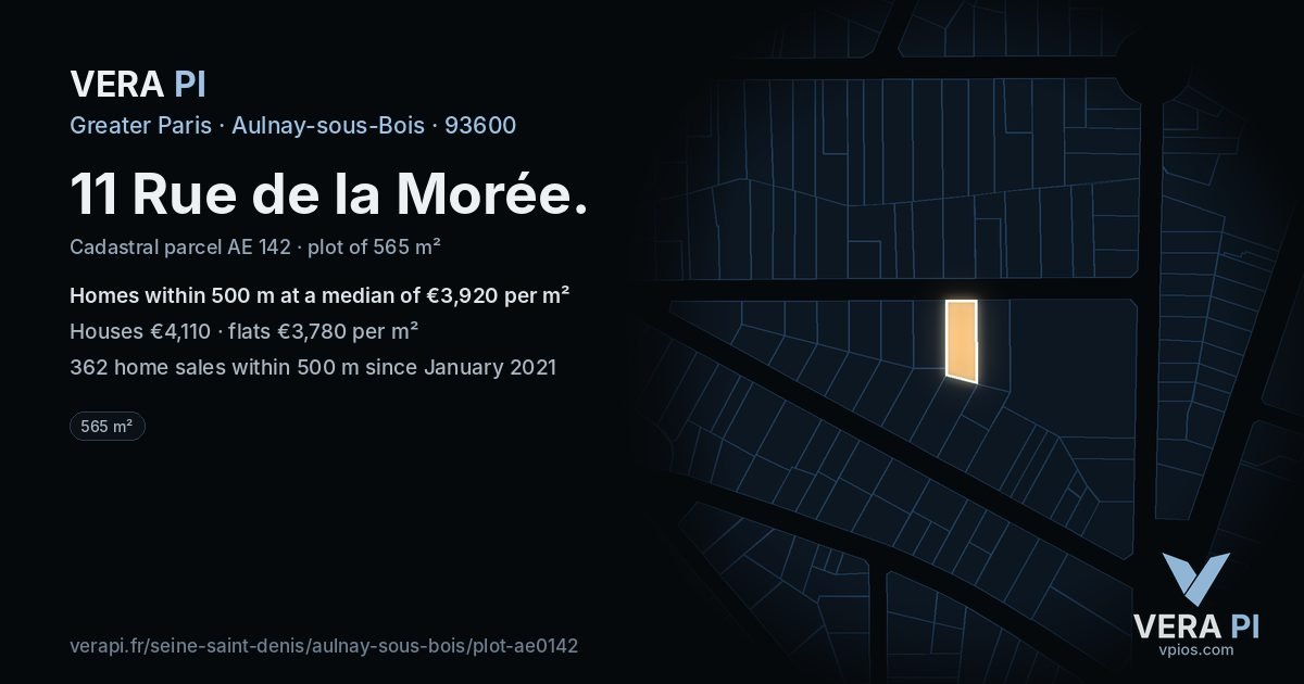 11 Rue de la Morée, Aulnay-sous-Bois at night – the plot lit, the parcels around coloured by the prices near them