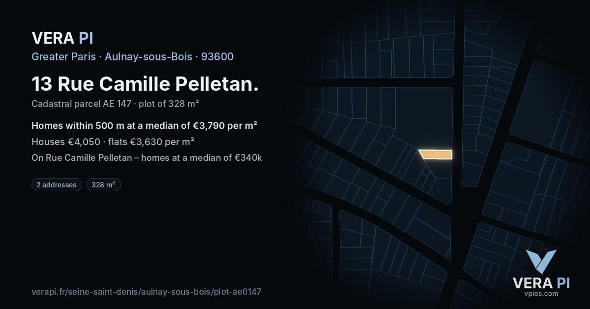 13 Rue Camille Pelletan, Aulnay-sous-Bois at night – the plot lit, the parcels around coloured by the prices near them