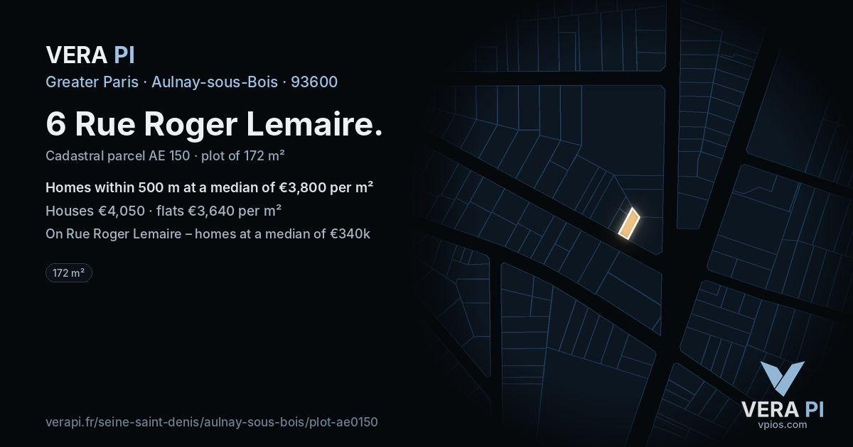 6 Rue Roger Lemaire, Aulnay-sous-Bois at night – the plot lit, the parcels around coloured by the prices near them