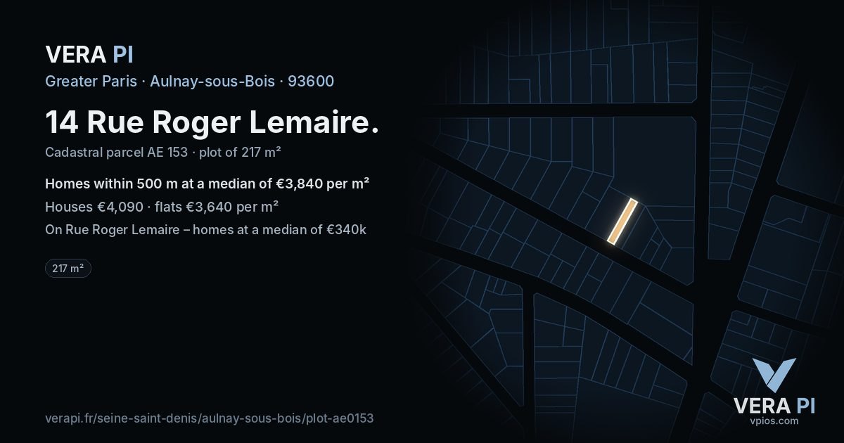 14 Rue Roger Lemaire, Aulnay-sous-Bois at night – the plot lit, the parcels around coloured by the prices near them