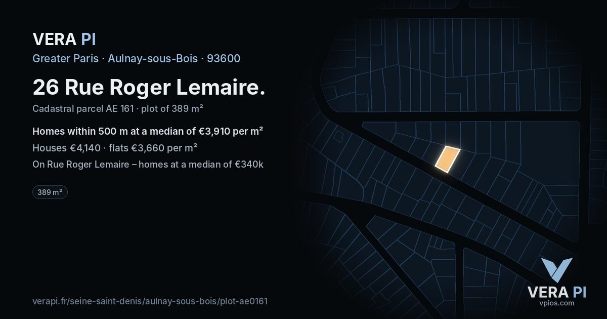 26 Rue Roger Lemaire, Aulnay-sous-Bois at night – the plot lit, the parcels around coloured by the prices near them