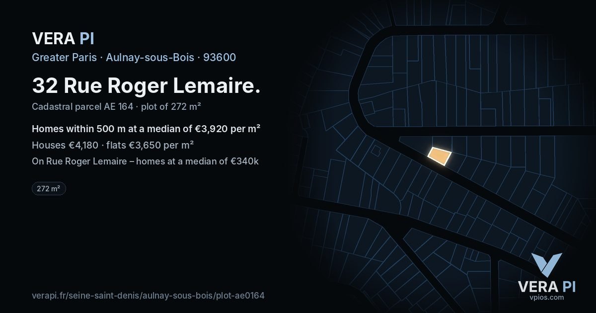 32 Rue Roger Lemaire, Aulnay-sous-Bois at night – the plot lit, the parcels around coloured by the prices near them