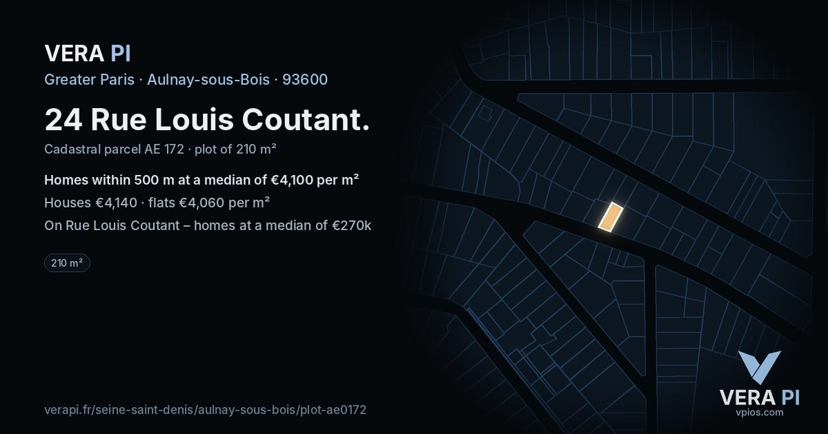 24 Rue Louis Coutant, Aulnay-sous-Bois at night – the plot lit, the parcels around coloured by the prices near them