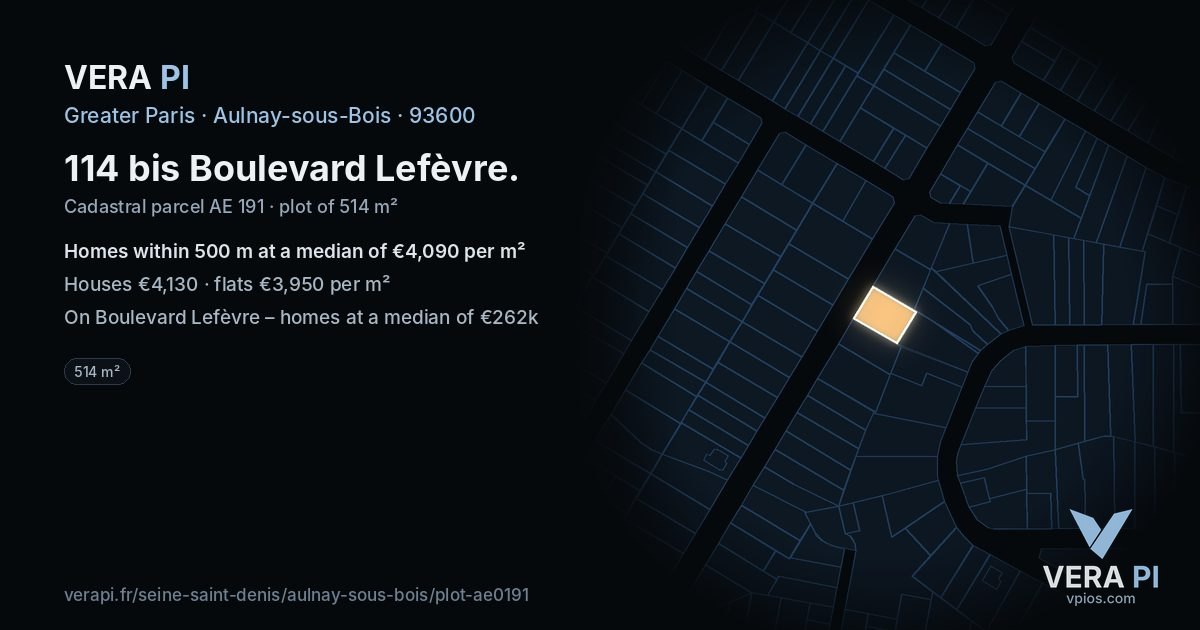 114 bis Boulevard Lefèvre, Aulnay-sous-Bois at night – the plot lit, the parcels around coloured by the prices near them