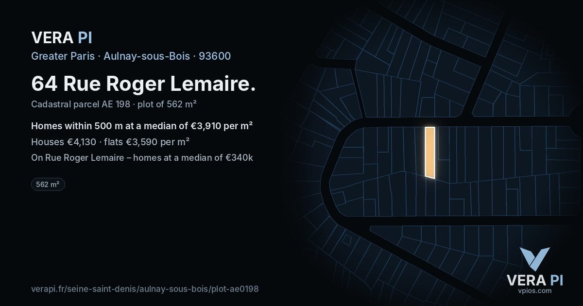 64 Rue Roger Lemaire, Aulnay-sous-Bois at night – the plot lit, the parcels around coloured by the prices near them
