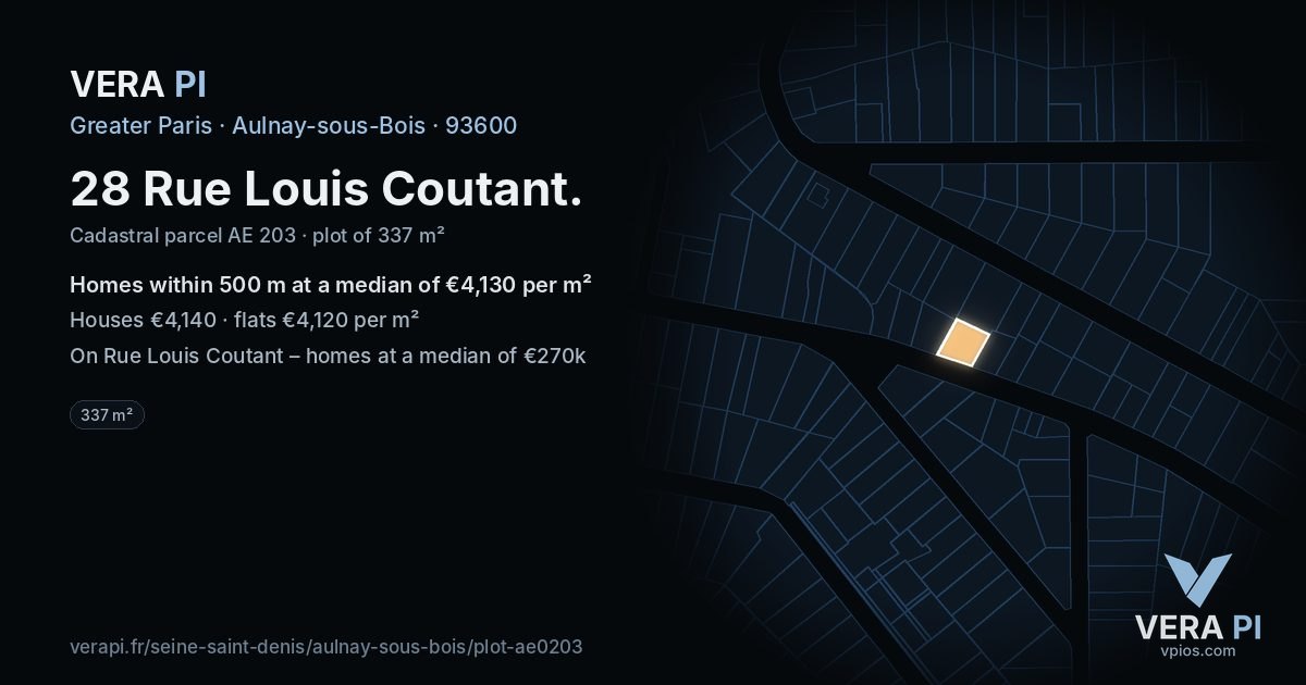 28 Rue Louis Coutant, Aulnay-sous-Bois at night – the plot lit, the parcels around coloured by the prices near them