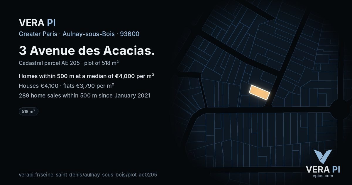 3 Avenue des Acacias, Aulnay-sous-Bois at night – the plot lit, the parcels around coloured by the prices near them