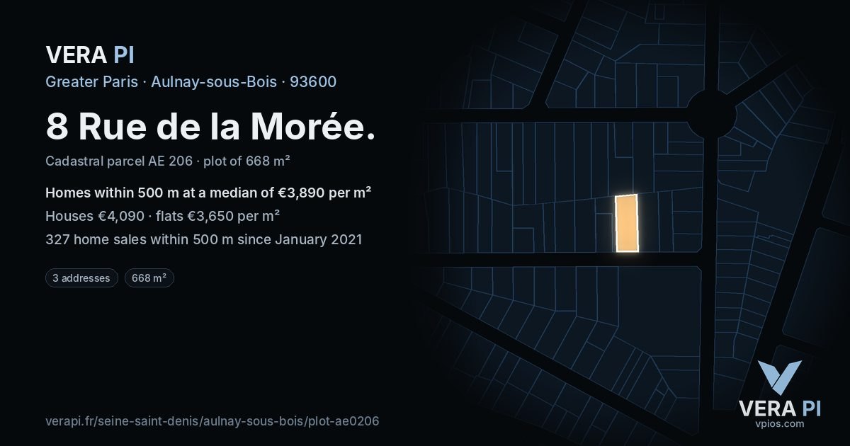 8 Rue de la Morée, Aulnay-sous-Bois at night – the plot lit, the parcels around coloured by the prices near them