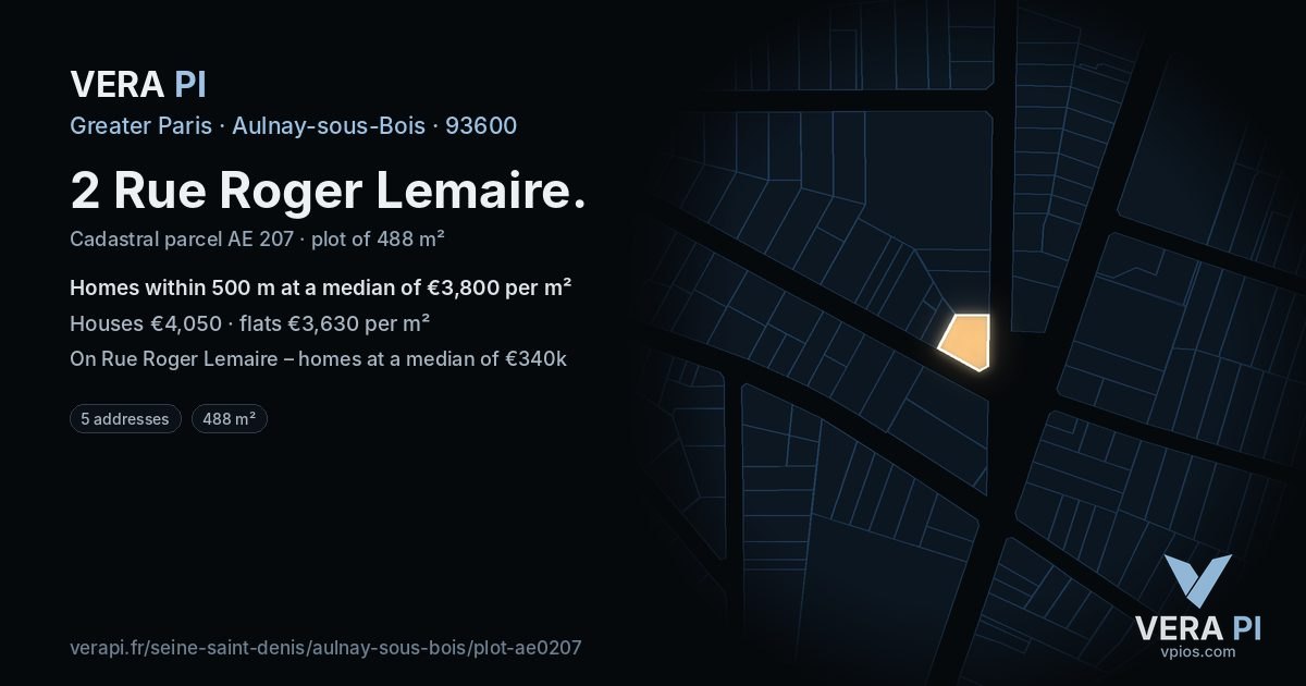 2 Rue Roger Lemaire, Aulnay-sous-Bois at night – the plot lit, the parcels around coloured by the prices near them