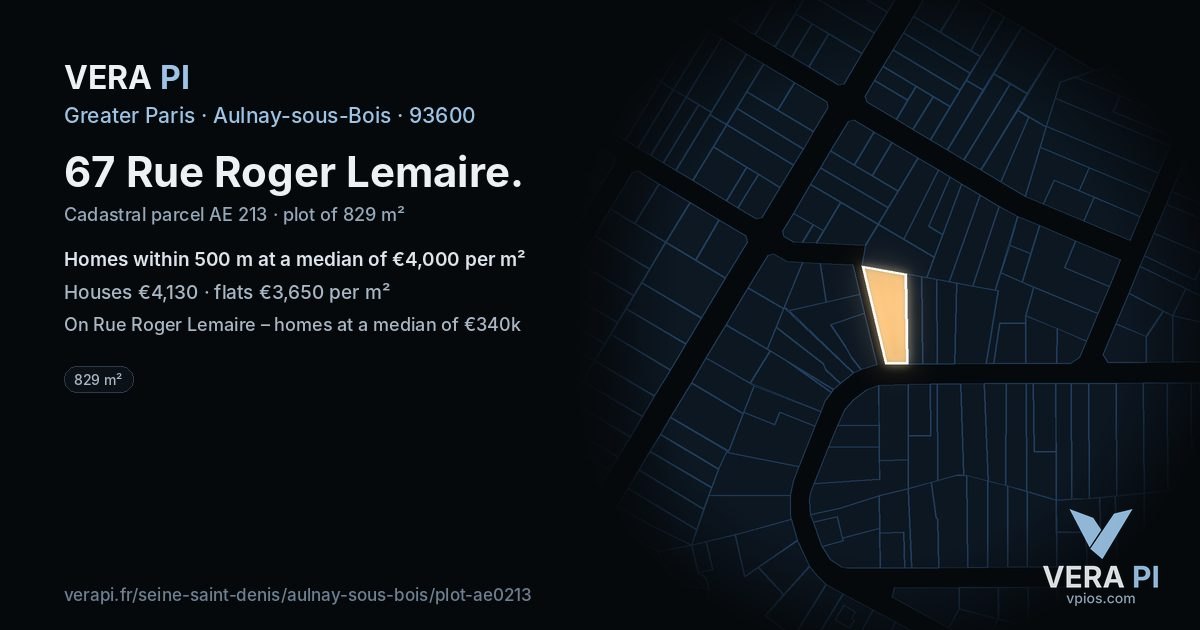 67 Rue Roger Lemaire, Aulnay-sous-Bois at night – the plot lit, the parcels around coloured by the prices near them