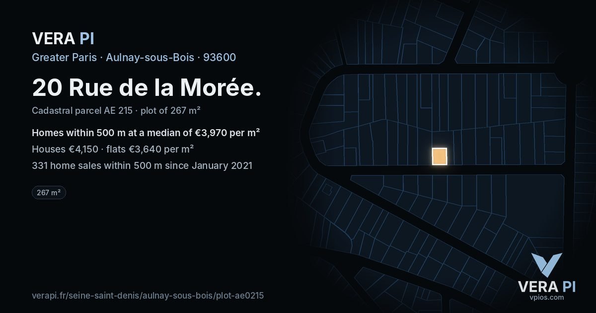 20 Rue de la Morée, Aulnay-sous-Bois at night – the plot lit, the parcels around coloured by the prices near them